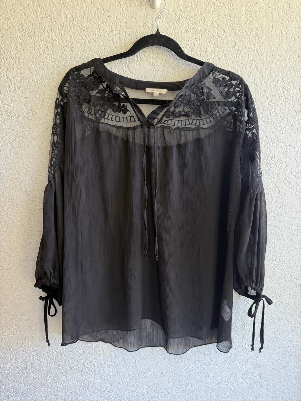 Maurices Black Lace-Yoke Peasant Blouse